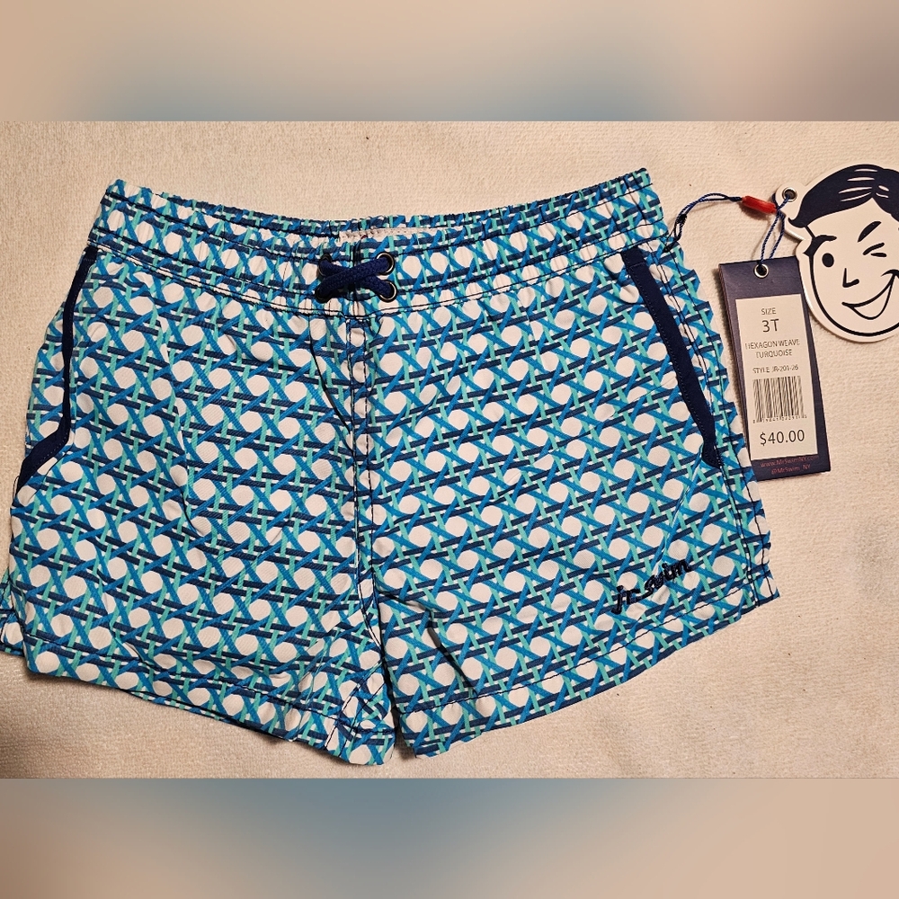Jr. Swim Hexagon Weave Swim Trunks Turquoise Blue Green White Boy's Size 3T